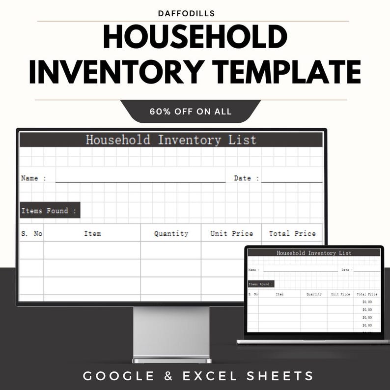 Clear Inventory Text Household Inventory Template for Google Sheets & Excel - Easy Home ...