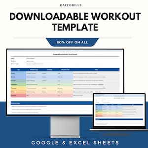 May include: A computer monitor and laptop display a downloadable workout template. The template includes a weekly schedule with workout types, durations, and intensity levels. The text "60% OFF ON ALL" is displayed above the template. The words "GOOGLE & EXCEL SHEETS" are at the bottom.