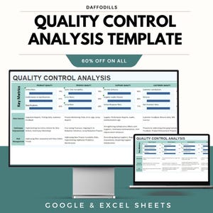 May include: A digital display of a quality control analysis template, with the text "Quality Control Analysis Template" and "60% Off On All." The template is designed for Google & Excel Sheets.