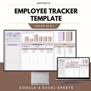 Könnte beinhalten: Eine digitale Mitarbeiter-Tracker-Vorlage, die auf einem Computermonitor und einem Laptop angezeigt wird. Die Vorlage enthält Abschnitte für Mitarbeiterinformationen, Vertragsdetails und Arbeitsplatzdaten. Der Text "EMPLOYEE TRACKER TEMPLATE" ist prominent dargestellt, darunter "60% OFF ON ALL".