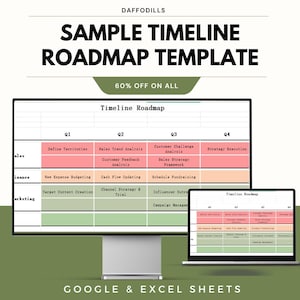 May include: A digital marketing template titled "Sample Timeline Roadmap Template" with a 60% off promotion. The template is displayed on a computer monitor and a laptop, showcasing a quarterly timeline with colour-coded sections for sales, finance, and marketing.