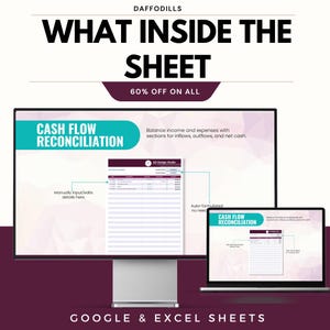 Pode incluir: Uma imagem que promove uma folha de reconcilia&ccedil;&atilde;o de fluxo de caixa para Google e Excel. O texto "WHAT INSIDE THE SHEET" &eacute; exibido de forma proeminente, junto com "CASH FLOW RECONCILIATION". Um monitor de computador e um laptop exibem os recursos da folha.