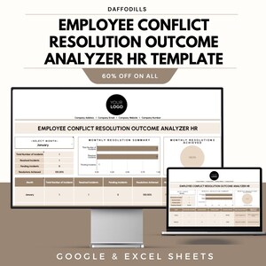 Könnte beinhalten: Eine digitale HR-Vorlage zur Lösung von Mitarbeiterkonflikten, angezeigt auf einem Desktop-Monitor und einem Laptop. Die Vorlage enthält Datenanalyse-Diagramme und den Text "EMPLOYEE CONFLICT RESOLUTION OUTCOME ANALYZER HR TEMPLATE". Das Bild enthält auch den Text "60% OFF ON ALL".