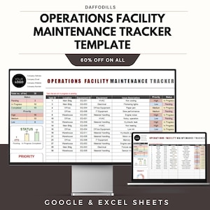 Pode incluir: Um modelo digital para o Operations Facility Maintenance Tracker, exibido em um monitor de desktop e um laptop. O modelo inclui seções para ID da tarefa, localização, equipamento e status. O texto "60% OFF ON ALL" também é visível.