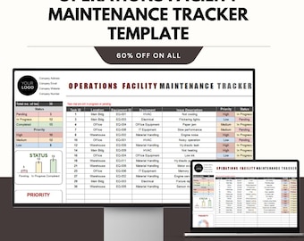 Plantilla de seguimiento de mantenimiento de instalaciones operativas, hoja de registro de Excel, planificador de gestión de instalaciones, servicio de equipos