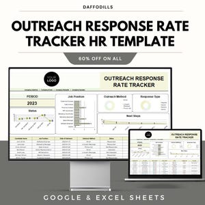 Könnte beinhalten: Ein Computermonitor und ein Laptop zeigen eine "Outreach Response Rate Tracker HR Template" mit dem Text "2023" und "Google & Excel Sheets". Die Vorlage enthält Diagramme und Datentabellen. Das Daffodils-Logo befindet sich oben.