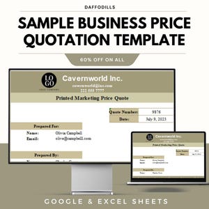 May include: A digital marketing price quote template displayed on a computer monitor and laptop. The template includes the text "Sample Business Price Quotation Template" and "60% Off On All". The quote is from Cavernworld Inc.