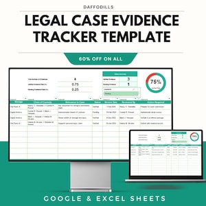 Puede incluir: Una plantilla digital de seguimiento de pruebas de casos legales que se muestra en un monitor de computadora y una computadora portátil. La plantilla incluye secciones para detalles de evidencia, resúmenes de estado y acciones requeridas. El texto incluye "LEGAL CASE EVIDENCE TRACKER TEMPLATE" y "GOOGLE & EXCEL SHEETS".