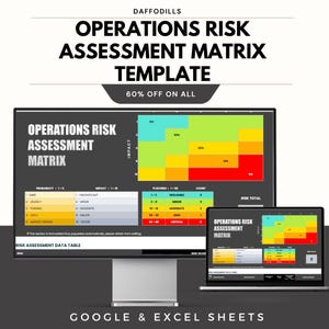 Könnte beinhalten: Ein Computermonitor und ein Laptop zeigen eine "Operations Risk Assessment Matrix Template". Die Vorlage enthält eine farbcodierte Risikobewertungstabelle mit Text, der Wahrscheinlichkeits- und Auswirkungsebenen angibt. Der Text "60% OFF ON ALL" ist ebenfalls sichtbar.