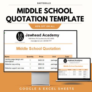 Könnte beinhalten: Eine digitale Vorlage für Angebote für die Mittelschule, die auf einem Computermonitor und einem Laptop angezeigt wird. Die Vorlage enthält den Text "Middle School Quotation" und Details von "Jawhead Academy". Das Bild enthält auch den Text "60% OFF ON ALL" und "GOOGLE & EXCEL SHEETS".