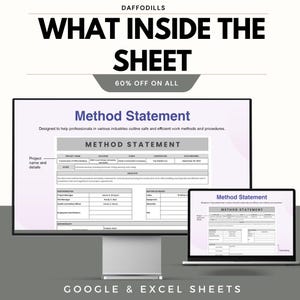 May include: A computer monitor and laptop display a "Method Statement" document. The document is designed to help professionals outline safe and efficient work methods. The image includes the text "WHAT INSIDE THE SHEET" and "60% OFF ON ALL".
