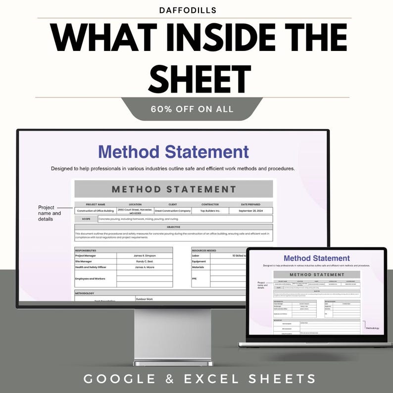 May include: A computer monitor and laptop display a "Method Statement" document. The document is designed to help professionals outline safe and efficient work methods. The image includes the text "WHAT INSIDE THE SHEET" and "60% OFF ON ALL".