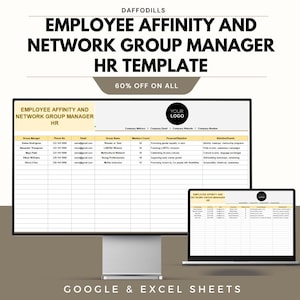 May include: A digital HR template for employee affinity and network group management, displayed on a desktop monitor and laptop. The template includes sections for group names, member counts, purposes, and activities. The text reads "EMPLOYEE AFFINITY AND NETWORK GROUP MANAGER HR TEMPLATE".