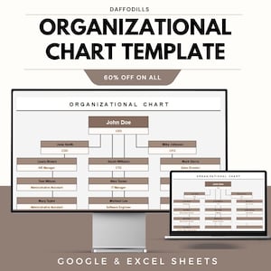 May include: A digital organizational chart template displayed on a computer monitor and a laptop. The chart features a hierarchical structure with employee names and titles. The text "ORGANIZATIONAL CHART TEMPLATE" is at the top, with "GOOGLE & EXCEL SHEETS" at the bottom.