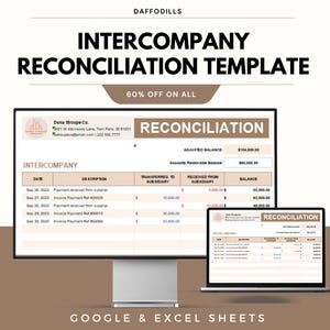 Peut inclure: Un écran d'ordinateur et un ordinateur portable affichent un modèle de rapprochement inter-entreprises. Le modèle comprend des données financières, avec le texte "Intercompany Reconciliation Template" et "60% Off On All". L'image comprend également le texte "Google & Excel Sheets".