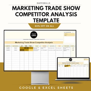 Könnte beinhalten: Ein Computermonitor und ein Laptop zeigen eine Vorlage zur Wettbewerbsanalyse für eine Marketing-Messe. Die Vorlage enthält Abschnitte für Wettbewerbsinformationen, Produktdetails sowie Stärken und Schwächen. Der Text "60% OFF ON ALL" wird angezeigt. Der untere Teil des Bildes lautet "GOOGLE & EXCEL SHEETS".