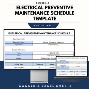 Könnte beinhalten: Ein Computermonitor und ein Laptop zeigen eine Vorlage für einen elektrischen Wartungsplan. Die Vorlage enthält Abschnitte für Abteilungsdetails, Kontaktinformationen und kritische Aufgaben. Der Text "60% OFF ON ALL" wird angezeigt. Die Vorlage ist für Google & Excel Sheets.