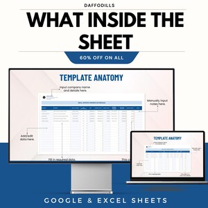 以下が含まれることがあります： 「WHAT INSIDE THE SHEET」と「60% OFF ON ALL」のテキストが入ったデジタルマーケティング画像。画像には、スプレッドシートテンプレートが表示されたコンピューターモニターとラップトップが表示され、「TEMPLATE ANATOMY」という文字があります。画像の下部には「GOOGLE & EXCEL SHEETS」と書かれています。