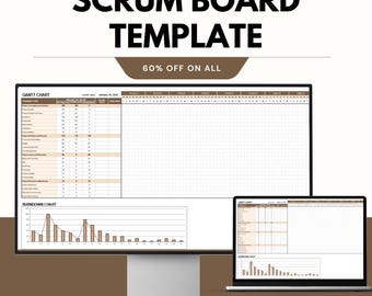 Plantilla de tablero Scrum, hoja de gestión de proyectos ágiles, rastreador de sprints de Google y Excel, organizador de tareas de equipo, diagrama de Gantt y diagrama de evolución
