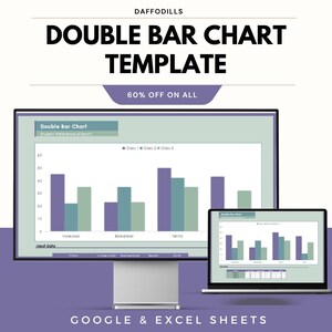 Pode incluir: Um monitor de computador e um laptop exibindo um modelo de gráfico de barras duplas. O gráfico mostra dados para vôlei, basquete e tênis, com barras roxas e verdes. O texto "DOUBLE BAR CHART TEMPLATE" está no topo.
