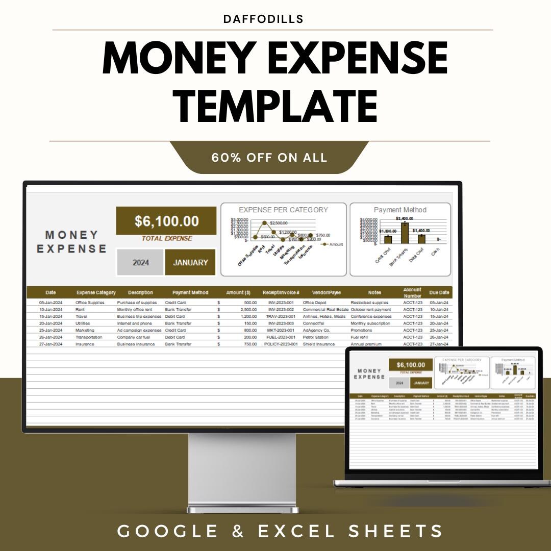Money Expense Template, Personal and Business Expense Tracker, Monthly ...