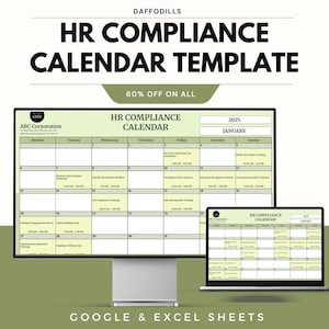 Könnte beinhalten: Eine digitale HR-Compliance-Kalendervorlage für 2025, angezeigt auf einem Computermonitor und einem Laptop. Der Kalender ist grün und weiß, mit dem Text "HR COMPLIANCE CALENDAR" und "JANUARY". Verfügbar in Google & Excel Sheets.