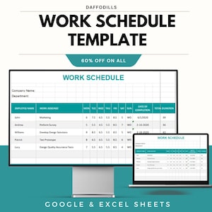 Può includere: Un modello digitale di programma di lavoro visualizzato su un monitor desktop e un laptop. Il modello include campi per i nomi dei dipendenti, il lavoro assegnato e le durate giornaliere delle attività. L'immagine include anche il testo "WORK SCHEDULE TEMPLATE" e "60% OFF ON ALL".