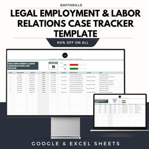 May include: A digital template for legal employment and labor relations case tracking. The image shows a computer monitor and a laptop displaying a spreadsheet with data fields. The text includes "LEGAL EMPLOYMENT & LABOR RELATIONS CASE TRACKER TEMPLATE" and "60% OFF ON ALL".