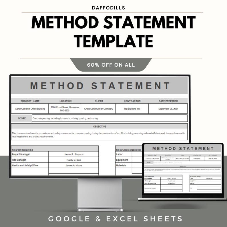 May include: A digital template for a method statement, displayed on a computer monitor and a laptop. The document includes sections for project details, scope, and responsibilities. The text "METHOD STATEMENT TEMPLATE" is prominently displayed, with "60% OFF ON ALL" below it. The bottom of the image reads "GOOGLE & EXCEL SHEETS."