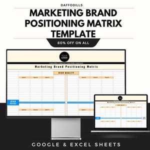 May include: A computer monitor and laptop displaying a marketing brand positioning matrix template. The template includes the text "High Quality" and "High Price". The image also includes the text "60% OFF ON ALL" and "GOOGLE & EXCEL SHEETS".