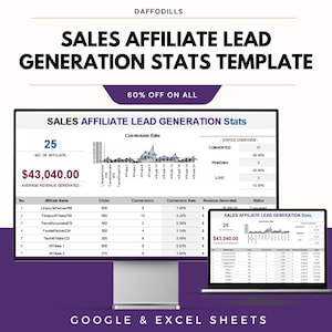 Könnte beinhalten: Eine digitale Vorlage für Verkaufs-Affiliate-Lead-Generierungsstatistiken, die auf einem Computermonitor und Laptop angezeigt wird. Die Vorlage enthält Datenvisualisierungen, Konversionsraten und generierte Einnahmen. Der Text lautet "SALES AFFILIATE LEAD GENERATION STATS TEMPLATE".