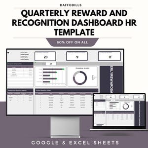 May include: A computer monitor and laptop displaying a quarterly reward and recognition dashboard HR template. The template includes charts, graphs, and data tables. Text on the screen includes "Quarterly Reward and Recognition Dashboard HR Template" and "Google & Excel Sheets."