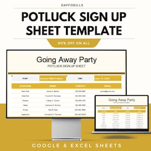 Op de afbeelding: Een digitale sjabloon voor een potluck-inschrijvingsblad weergegeven op een computermonitor en een laptop. De sjabloon heeft een koptekst met de tekst "Going Away Party" en bevat velden voor gerecht, naam, contact en e-mail. De tekst "60% OFF ON ALL" is ook zichtbaar.