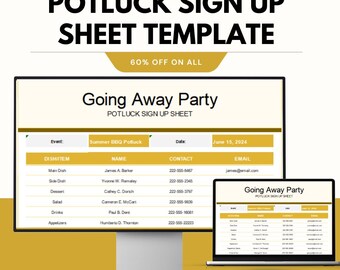 Plantilla de hoja de registro para comida compartida / Planificador de comidas para fiestas editable en Google Sheets y Excel / Formulario de registro de platos para eventos imprimible