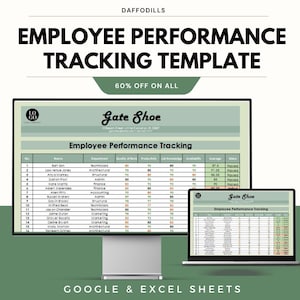 May include: An employee performance tracking template shown on a computer monitor and laptop. The template includes employee names, departments, and performance metrics. The text "60% OFF ON ALL" is also visible.
