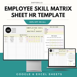 May include: A digital HR template titled "EMPLOYEE SKILL MATRIX SHEET HR TEMPLATE" with the Daffodils logo. The template is displayed on a computer monitor and a laptop. The text "60% OFF ON ALL" is also visible.