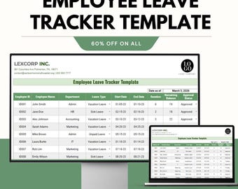 Employee Leave Tracker Template | PTO Leave Management Spreadsheet | HR Vacation Tracker | Employee Absence Log |
