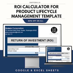 May include: A computer monitor and laptop display a Return on Investment (ROI) calculator template. The template is for product lifecycle management and includes the text "60% OFF ON ALL". The template is designed for Google & Excel Sheets.