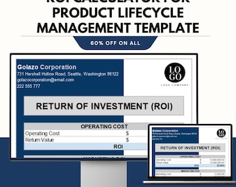 Modello di calcolatore del ROI per la gestione del ciclo di vita del prodotto, modello di Google Sheets ed Excel, strumento di monitoraggio del ROI del prodotto, analizzatore costi-benefici