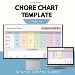 Può includere: Un modello digitale di tabella delle faccende domestiche visualizzato su un monitor di computer e un laptop. Il grafico è codificato a colori e include il testo "CHORE CHART TEMPLATE" e "60% OFF ON ALL". Progettato per Google & Excel Sheets.