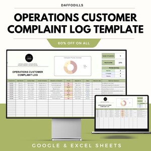 May include: A digital template for an Operations Customer Complaint Log, displayed on a computer monitor and a laptop. The template includes sections for customer data, complaint details, and priority levels. The image also features the text "60% OFF ON ALL".