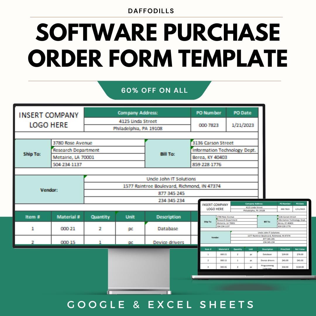 Software Purchase Order Form Template, Excel Google Sheets PO Form ...