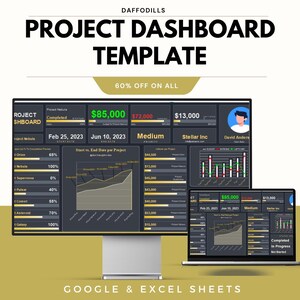 Puede incluir: Una plantilla de panel de control de proyecto digital que se muestra en un monitor de computadora y una computadora portátil. La plantilla incluye gráficos y datos financieros, con el texto "PROJECT DASHBOARD TEMPLATE" y "60% OFF ON ALL". Para Google & Excel Sheets.