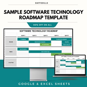 Puede incluir: Un monitor de computadora y una computadora port&aacute;til muestran una plantilla de hoja de ruta de tecnolog&iacute;a de software. La plantilla incluye secciones para el desarrollo de sitios web y aplicaciones m&oacute;viles, con una promoci&oacute;n del 60% de descuento. El texto incluye etiquetas "Sprint".