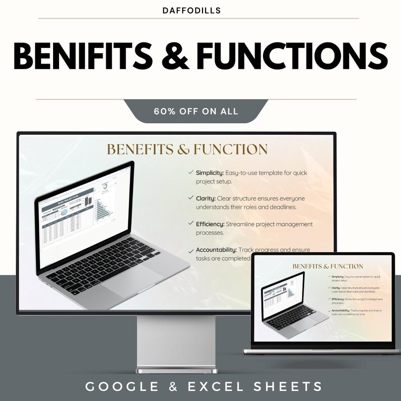 Op de afbeelding: Een digitale afbeelding die Google & Excel Sheets promoot. De afbeelding toont een grote computermonitor en een laptop met een presentatie getiteld "BENEFITS & FUNCTION". De presentatie benadrukt eenvoud, duidelijkheid, effici&euml;ntie en verantwoordelijkheid. De tekst luidt "60% OFF ON ALL".