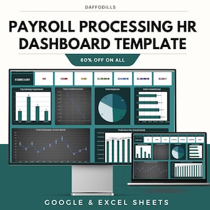 May include: A computer monitor and laptop display a payroll processing HR dashboard template. The template includes charts and graphs for data visualization. Text on the image includes "Payroll Processing HR Dashboard Template" and "60% Off On All". The template is for Google & Excel Sheets.
