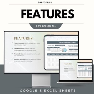 Op de afbeelding: Een promotieafbeelding voor Google & Excel Sheets, met projectmanagement sjablonen op een desktopcomputer, laptop en tablet. De afbeelding benadrukt functies zoals projectoverzicht, taakverdeling, tijdlijninstelling en resource-allocatie. Tekst bevat "FEATURES" en "60% OFF ON ALL."