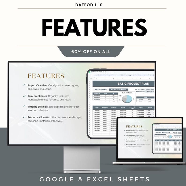 Op de afbeelding: Een promotieafbeelding voor Google & Excel Sheets, met projectmanagement sjablonen op een desktopcomputer, laptop en tablet. De afbeelding benadrukt functies zoals projectoverzicht, taakverdeling, tijdlijninstelling en resource-allocatie. Tekst bevat "FEATURES" en "60% OFF ON ALL."