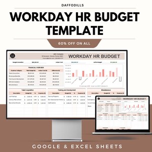Può includere: Un monitor di computer e un laptop che mostrano un modello di budget HR di Workday. Il modello include panoramiche finanziarie, allocazioni di budget e grafici. Il testo "60% OFF ON ALL" è anche visibile.