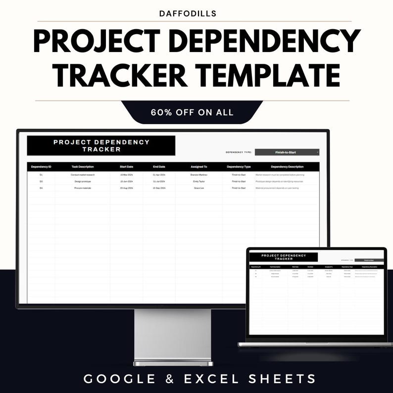 May include: A desktop computer and laptop screen showing a project dependency tracker template. The text "PROJECT DEPENDENCY TRACKER TEMPLATE" is at the top, with "60% OFF ON ALL" below it. The bottom of the image reads "GOOGLE & EXCEL SHEETS".